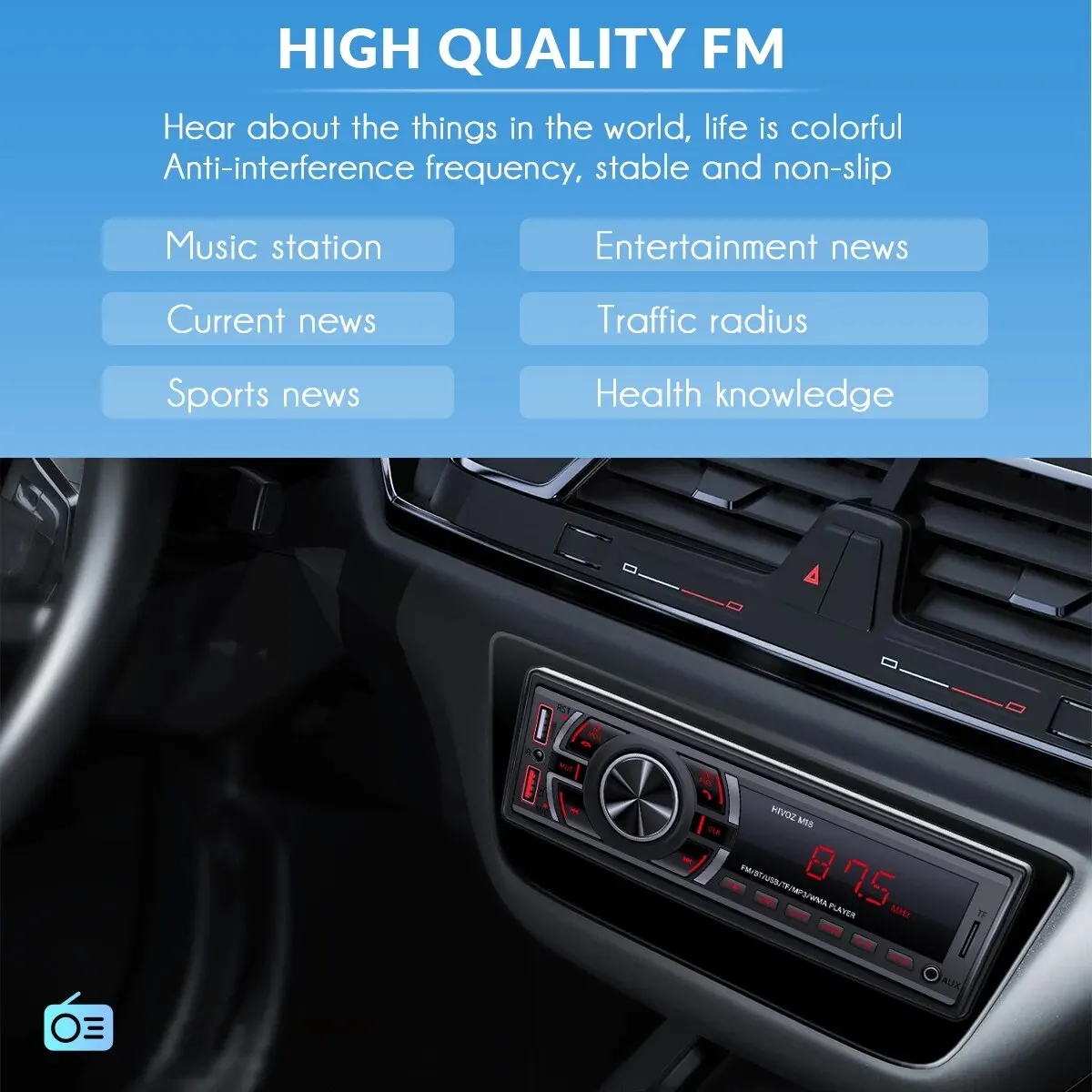 HIVOZ Car Stereo 1 Din Bluetooth MP3 Player 60Wx4 FM Radio Receiver with Remote Control BT/AUX/TF/USB Card In Dash
