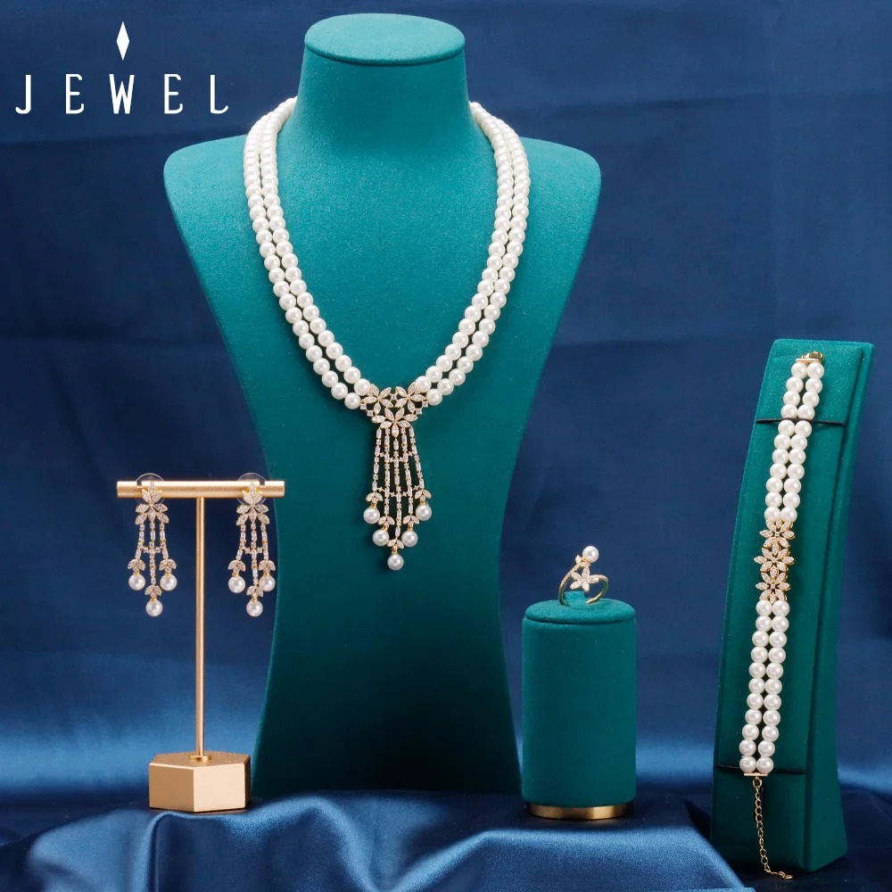 JEWEL Bridal Pearl Zircon Jewelry White Double Layer Suitable for Women Korean Temperature Short Neck Earring Necklace Set 241031
