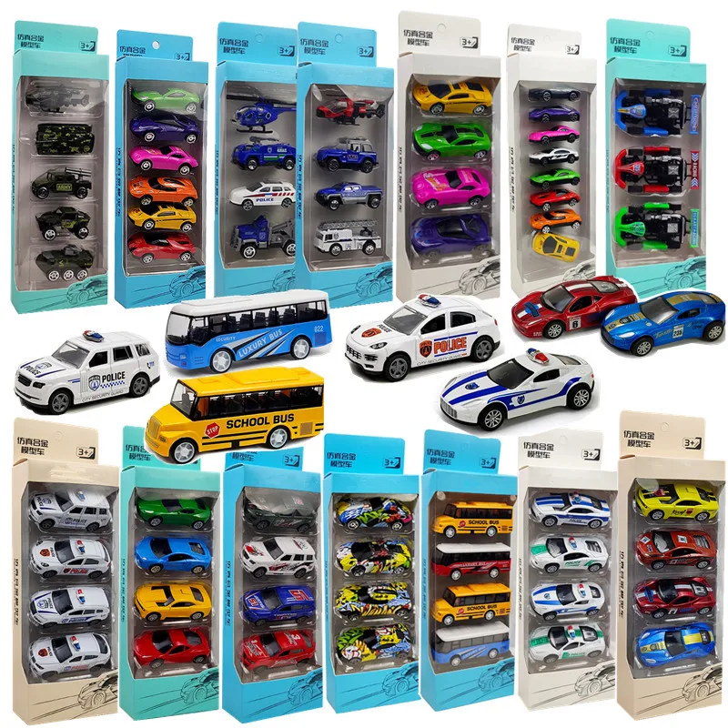 4Pcs Set Todder Car Toy Multi-Style Police School Bus Taxiing Alloy Mini Car Model Kids Pocket Small Durable Car Toys for Kids