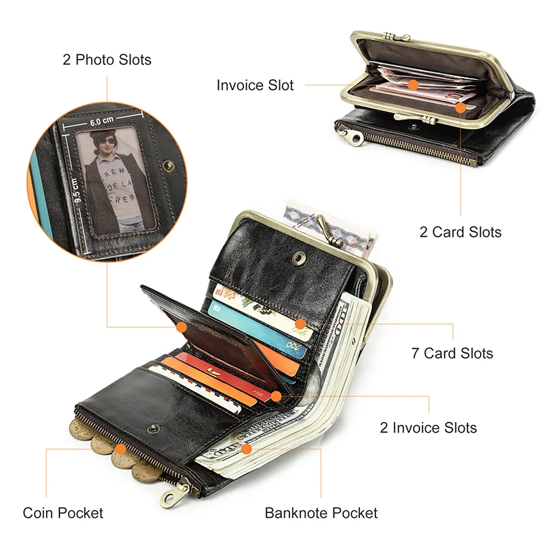 Genuine Leather Clutch Bag Women's Small Metal Frame Purse Clasp and Zipper Coin Pocket for Credit Card Holder Wallets