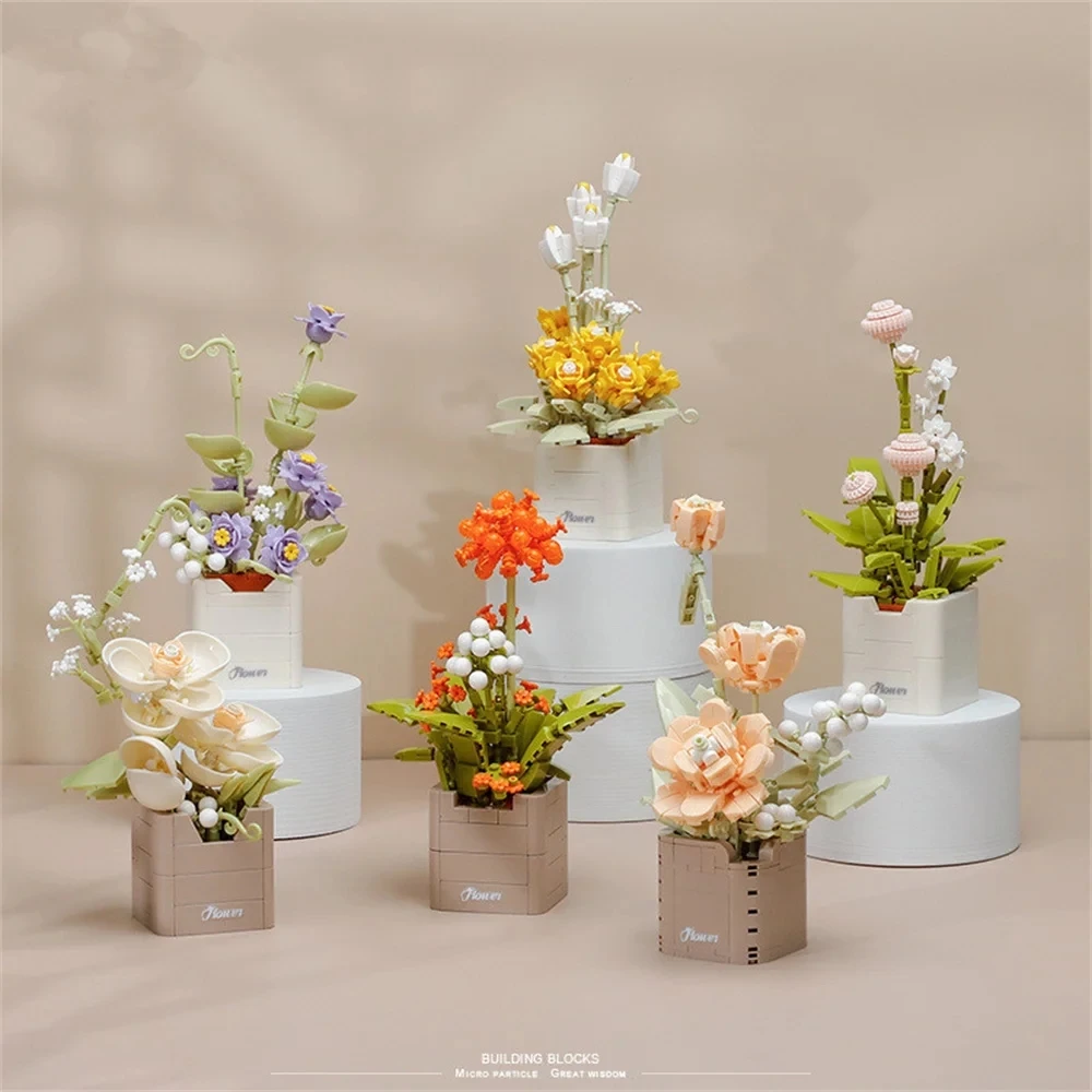 2024 City Creativity Flower Bouquet Flower Basket Potted Succulent Plants Model Mini Building Blocks Bricks Children'S Toys Gift