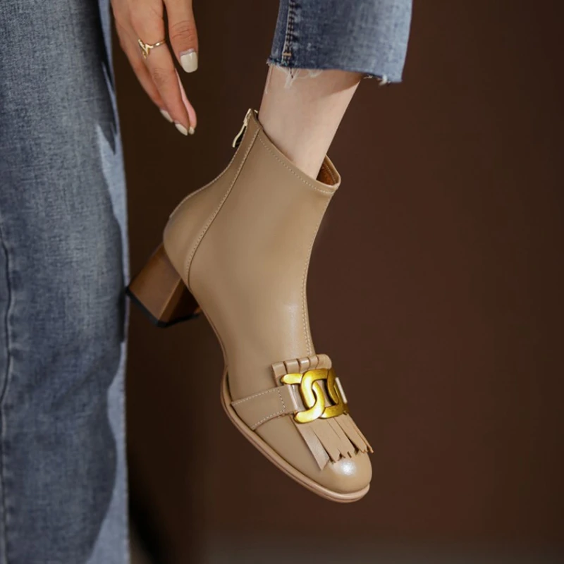 SALE HOT Tassel Metal Buckle Cute Genuine Leather for Short Chunky Boots Black Women Shoes e07c