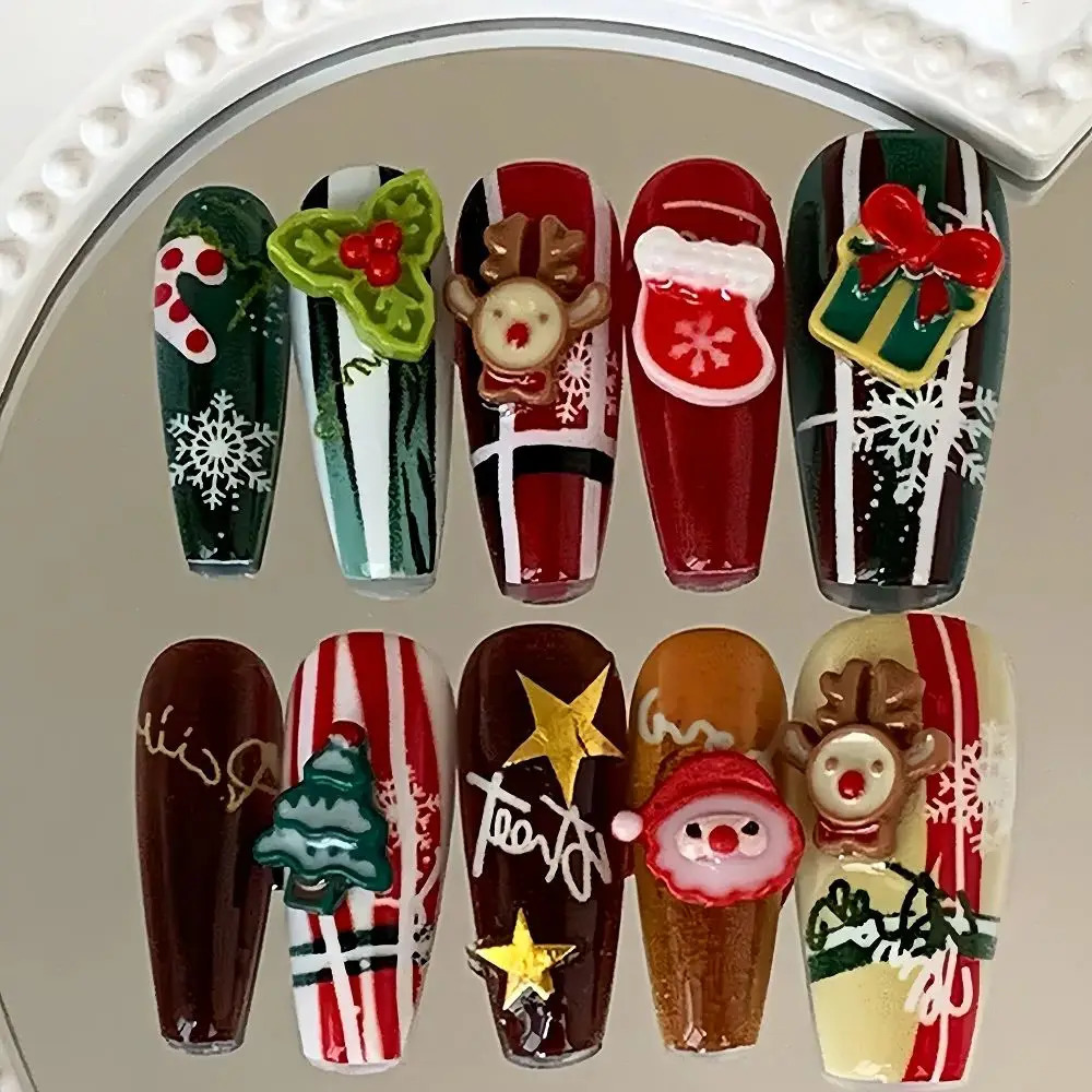 Christmas holiday nail press short square nail with holiday elements detachable Santa Claus and snowflake pattern control kit 241031