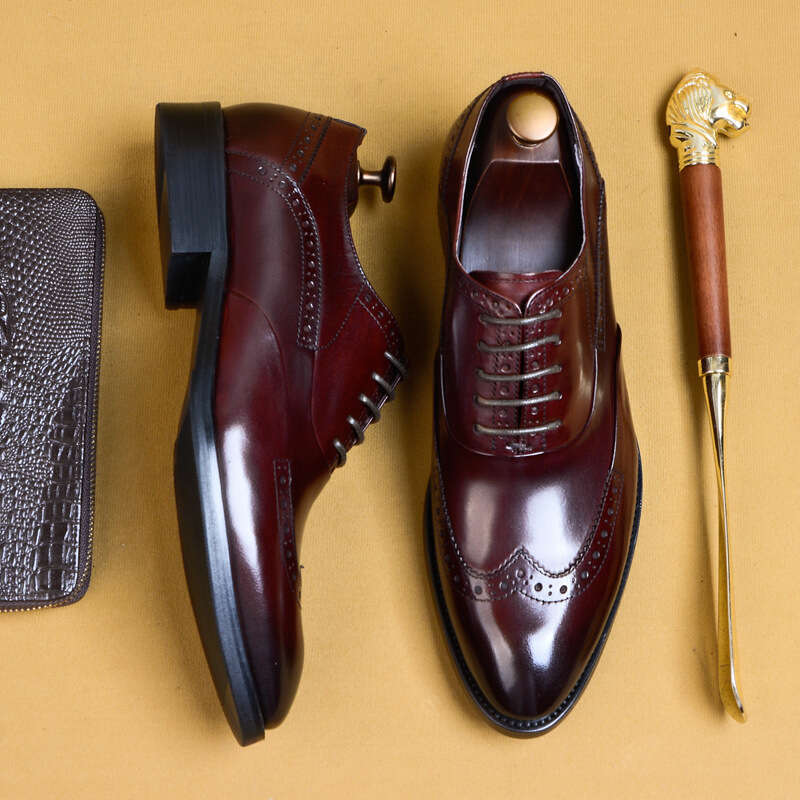 Formal Leather Shoes, Genuine Leather, British Carved Block, Men's Toe Layer, Cowhide, Business Dress, Pointed Oxford Shoes