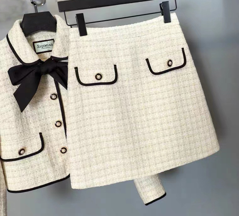 Two Piece Dress TWO PIECE OUTFIT Women Tweed Jacket And Skirt Set Long Sleeve Blazer For Dropshipp 230222