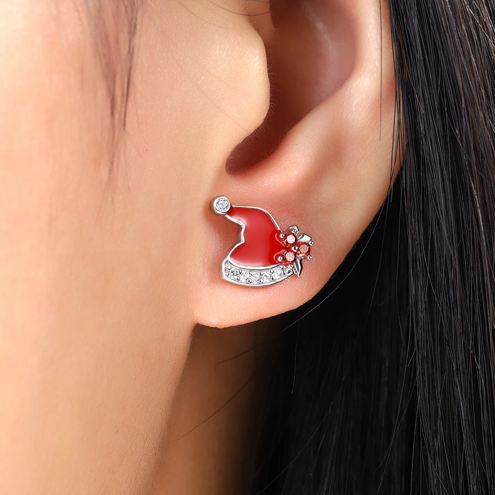 925 sterling silver cute Santa hat stud earrings red enamel Christmas gift 241031