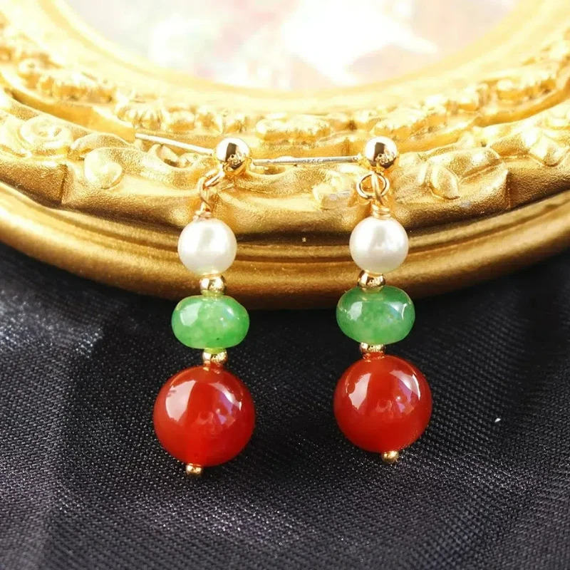 Classic Green Natural Stone Beads Chinese Style Necklace Vintage Red Agate Pearl Bracelet Earrings Jewelry Set Bead Chain 241031