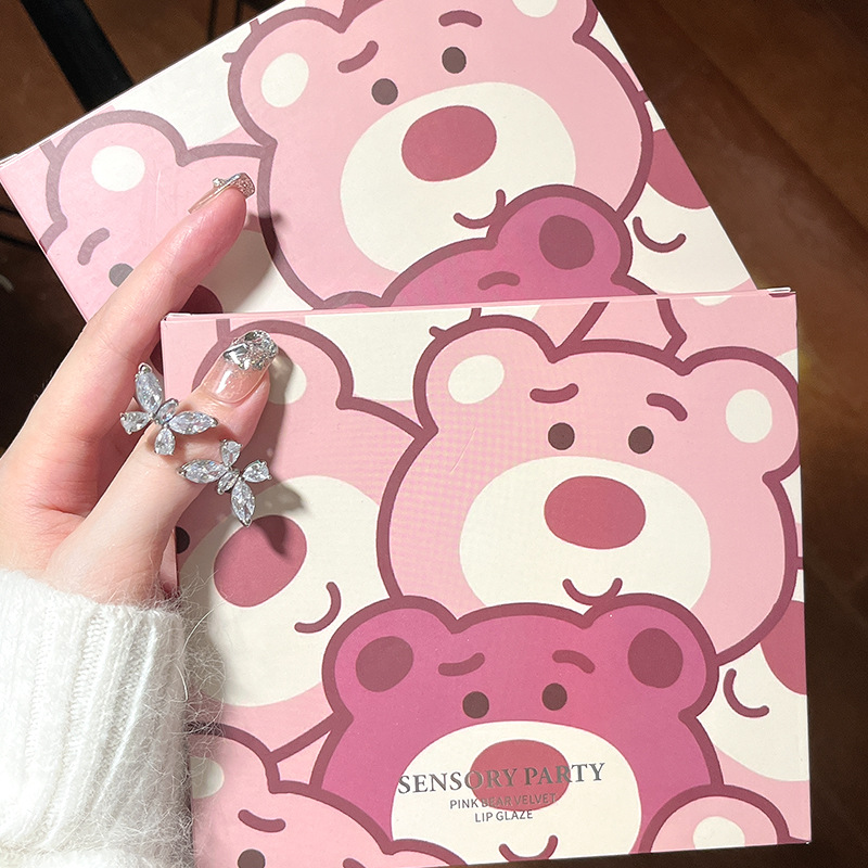 6Pcs/set Pink Bear Velvet Lip Gloss Matte Velvet Lip Glaze Waterproof Long Lasting Non-marking Natural Lip Tint Cosmetic Kit