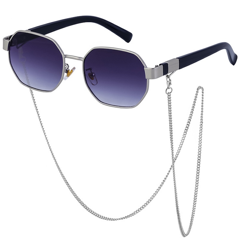 Vintage Sunglasses Women With Chain Small Frame Hexagon Luxury Brand Designer Punk Sun Glasses For Ladies Shades Fashion Square Sexy Cat Eye Oval Meta
