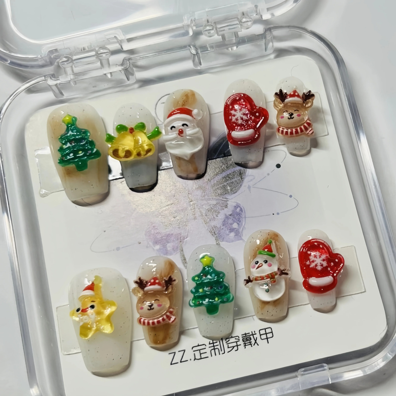 10 piece handmade Christmas tree nail snowman n wearable 3D cartoon short fake nail girl Christmas gift set 241031