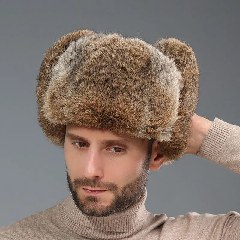 Mens Winter Warm Rabbit Fur Windproof Hat Catcher Earrings Ski Hat Warm Outdoor Work Earrings 241031