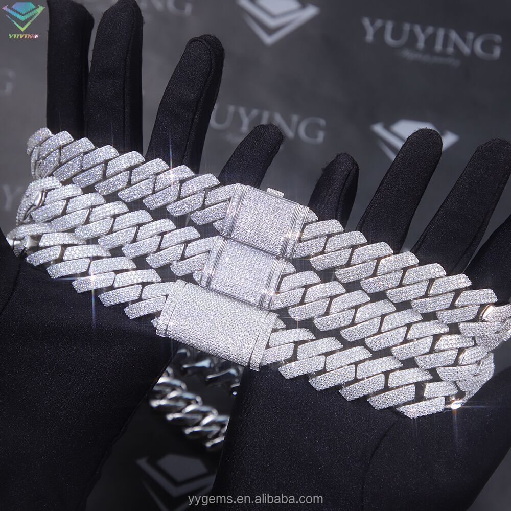 Fine jewelry necklaces bracelets 3 Rows 15mm 20mm dia hip hop Cuban k Chain VVS Moissanite sterg sier gold plate