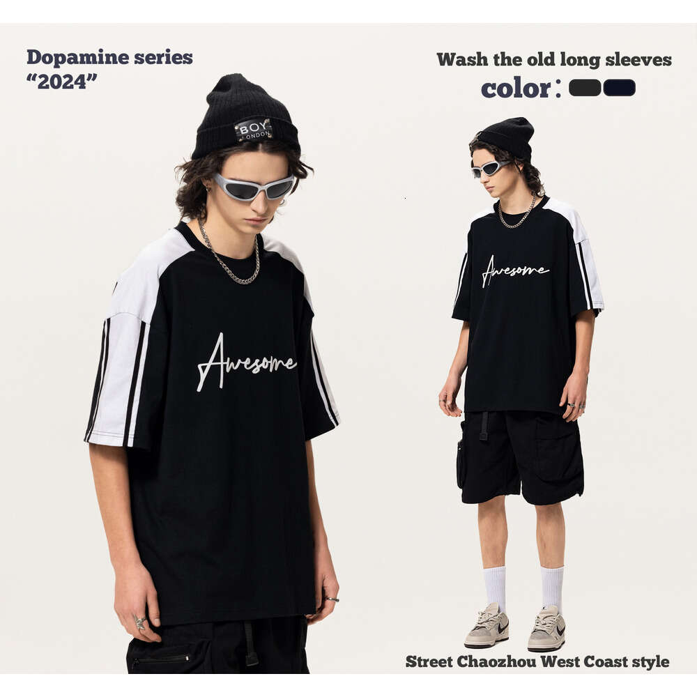 Dongdu West Coast Color Block Printed Short Sleeved INS Trendy Loose Cotton T-shirt Men's
