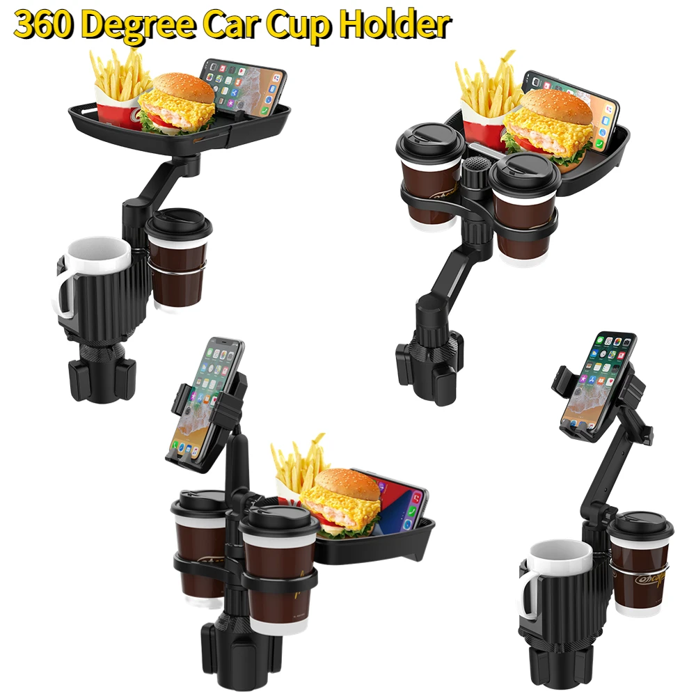 Adjustable Car Cup Holder Car Interior Accessories Car Cup Holder Tray with 360 Degree Swivel Base Auto Tray Table
