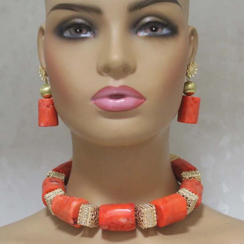 Dudo Choker Nigeria Wedding Jewelry Sets For Women 18-23MM Big Coral African Bridal Bead with Gold Plated Divider 3 Pieces
