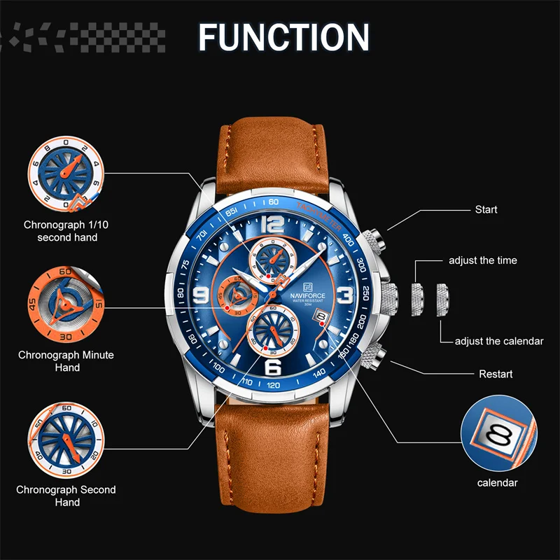 Top Brand NAVIFORCE Trend Cool Watch for Men Waterproof Leather Quartz Male Watches Luxury Wristwatches Luminous Man Watches