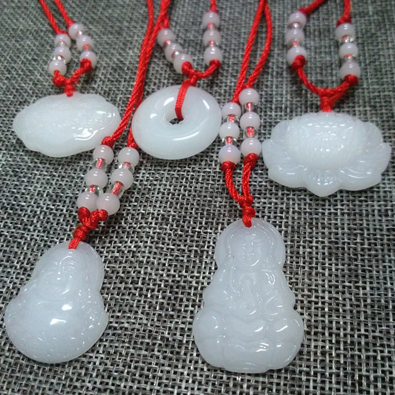 Buddhist White Jade Hand Woven Pendant Necklace Lotus Guanyin Buddha Long Life Lock Pendant Lucky Necklace