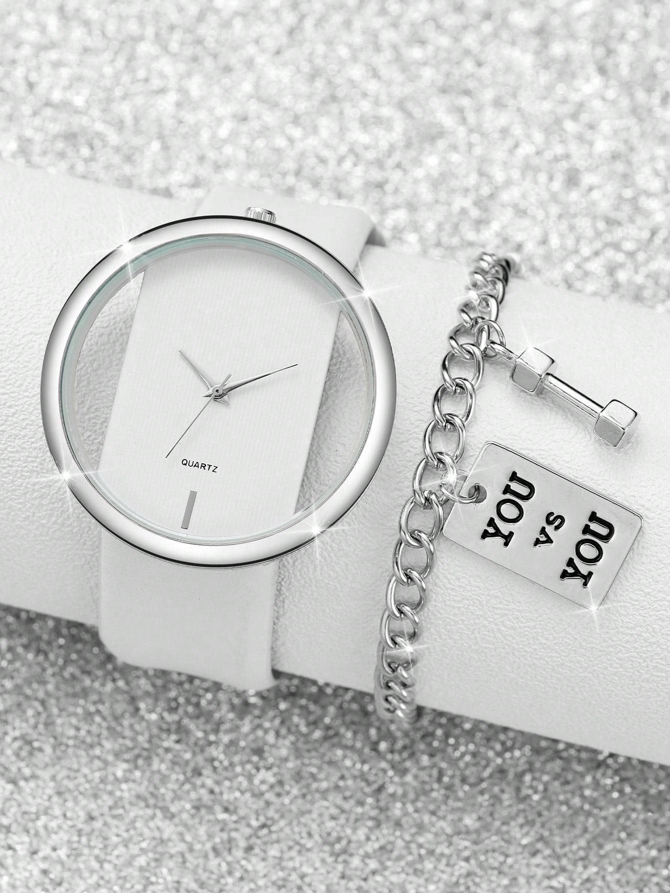 1 stylish and trendy women's leather strap quartz watch with 1 bracelet suitable for daily decoration