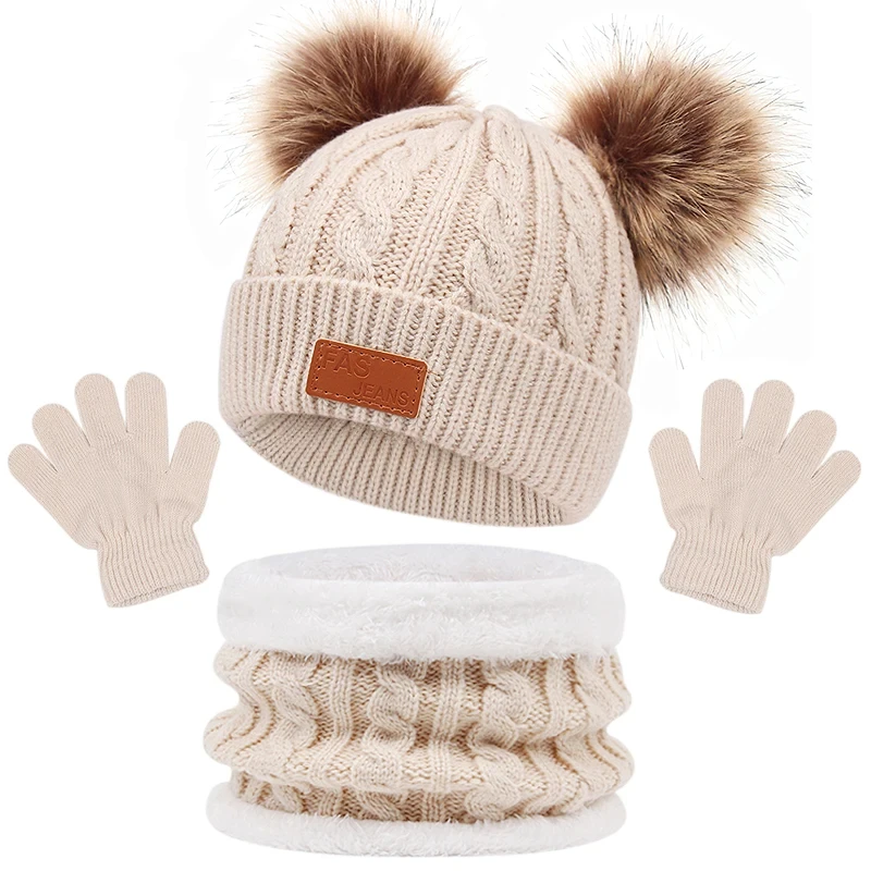 Pcs Winter Baby Hat Scarf Gloves Set Toddler Accessories Solid Color Bonnet Cute Pompom Knitted Hats Outdoor Warm Year 5