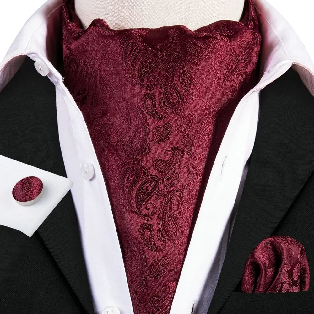 Wedding Red Paisley Silk Cravat Tie For Men Exquisite Jacquard High Quality Ascoat Kerchief Cufflinks Sets Gifts Barry.Wang 0001