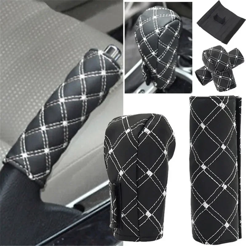 2 in 1 Set Faux Leather Gear Shift Knob Hand Brake Sleeve Car Interior Protect Cover Accessories New