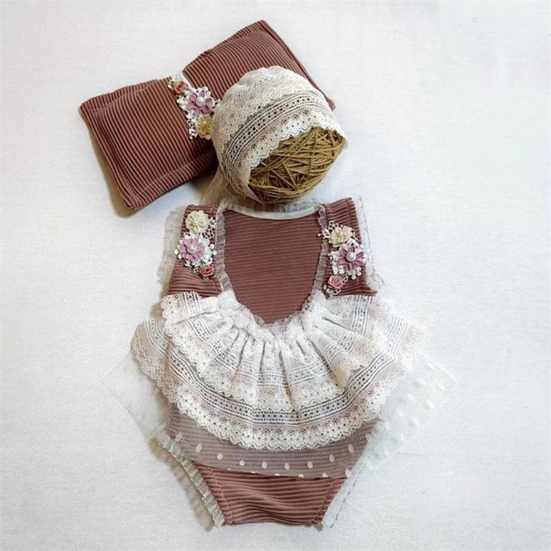 Lace Romper and Hat Set Lovely Newborn Baby Photography Props Infant Girls Bodysuit Shower Gift for 0-1 Months