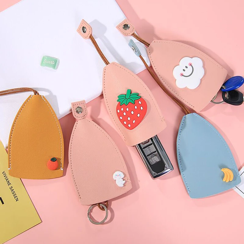 Cute PU Leather Car Key Case Holder Creative Fruit Pull Out Key Sleeve Large Capacity Keychain Pouch Keychain Organizer