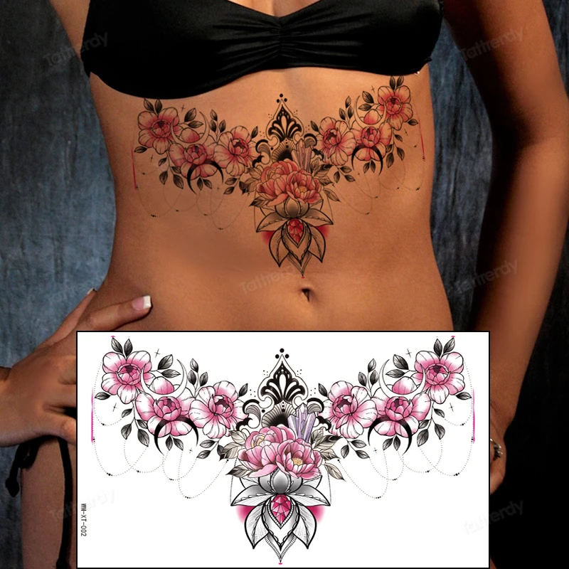 Flower Tattoo Sexy Sternum Fake Tattoos for Woman Chest Temporary Tattoos Waterproof Lasting Under Breast Plant Tattoo Stickers