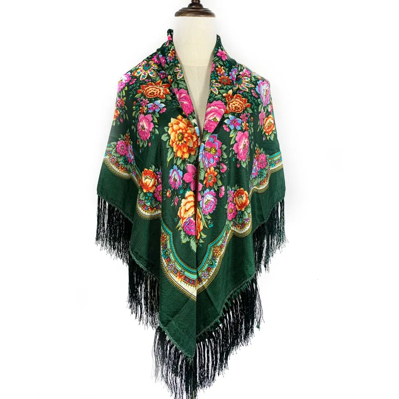Russian Fringed Shawl Ukraine Babushka Square Bandana Head Scarf Female Hijab 2023 Women's Traditional Floral Printing Scarf