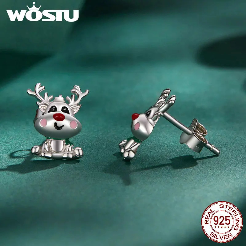 WOSTU 925 sterling silver lucky Christmas reindeer stud earrings cute animal earrings womens jewelry party birthday gift 241031