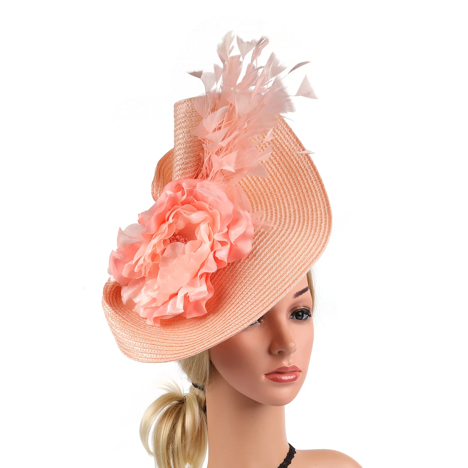 Elegant Flowers Exaggerated Tea Party Kentucky Derby Straw Hat With FeatherFascinator Big Pillbox Hat Headband for Cocktail