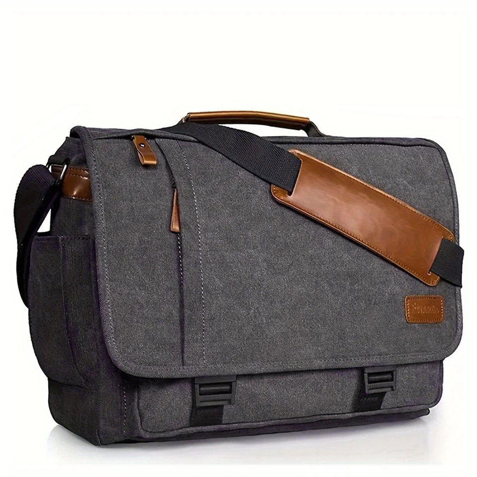 Crazy Horse Leather Mens Crossbody Briefcase Canvas Splashproof Workwear Messenger Bag Computer Tote 241029
