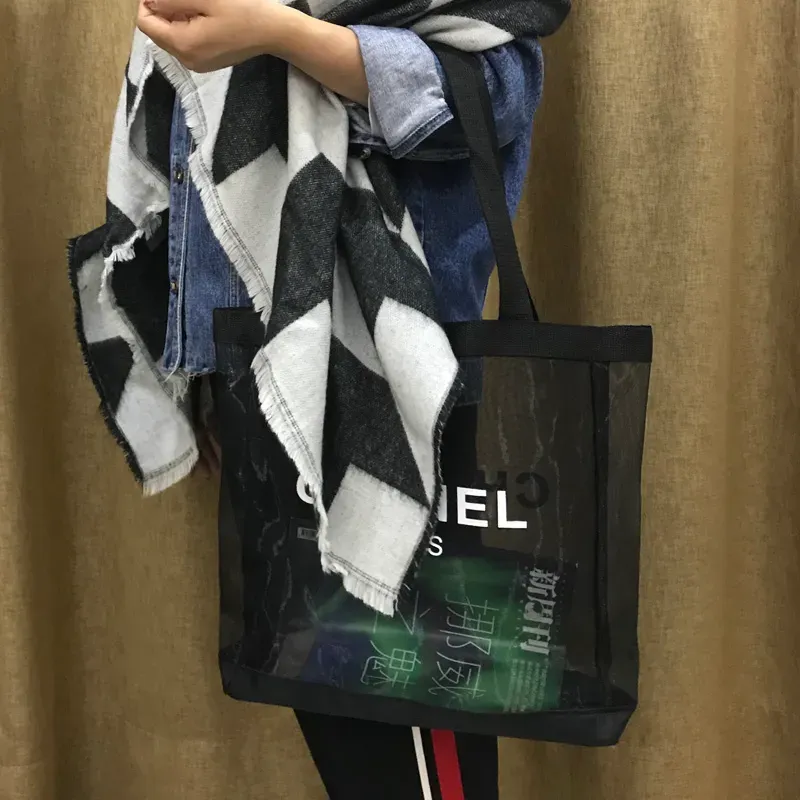 Designer Black Mesh Shoulder Bag women fashion Shopping Bag White Offset Printed Letter Logo Transparent Shoulder Portable Environmental Bag