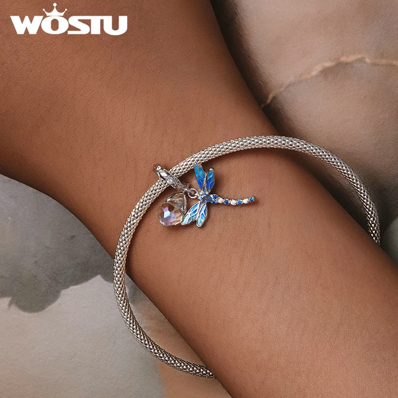 WOSTU 925 Sterling Silver Glow in the dark Firefly Charms Dragonfly Crytal Pendant Flower Beads Fit DIY Bracelet Necklace Gift