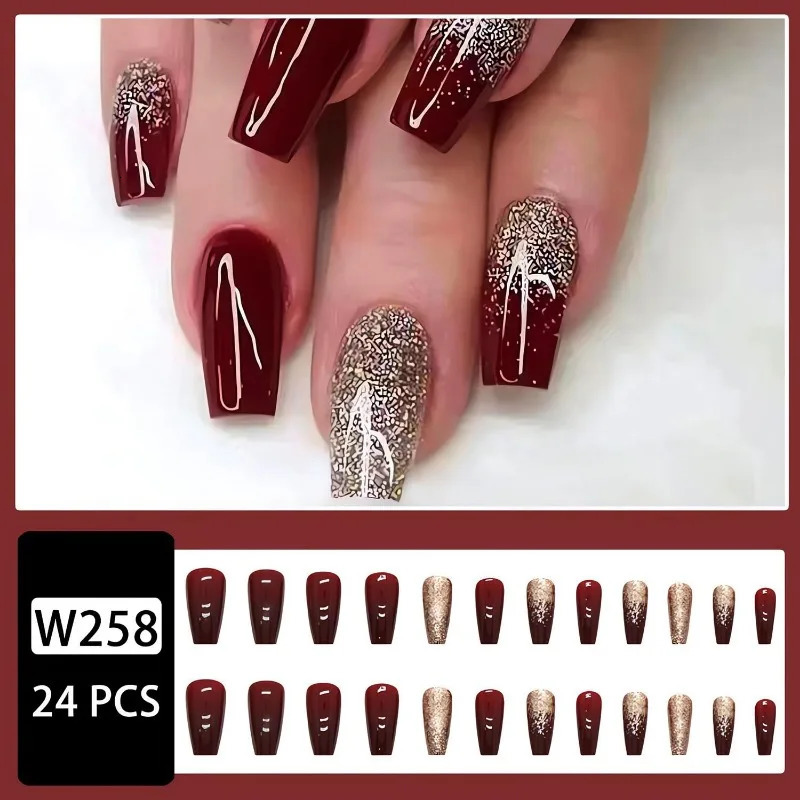24 pieces of wine red mid-range coffin gloss full set of adhesive fake nails sparkling n cute suitable for womens Year 241031