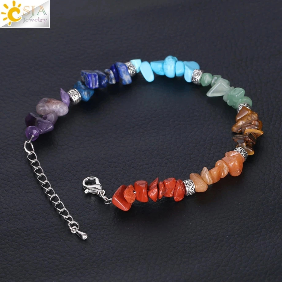 CSJA Natural Stone Jewelry Set suitable for women 7 chakras chip beads healing bracelet ring necklace earrings spiritual jewelry G693 241031