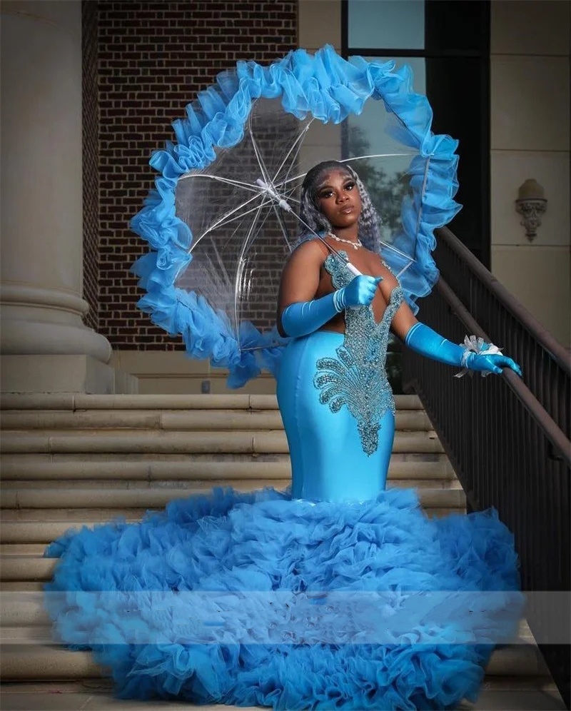 Elegant Blue Dias Prom Dresses For Black Girl Long Beaded Crystals Beading Tiered Ruffles Birthday Party Reception Gowns