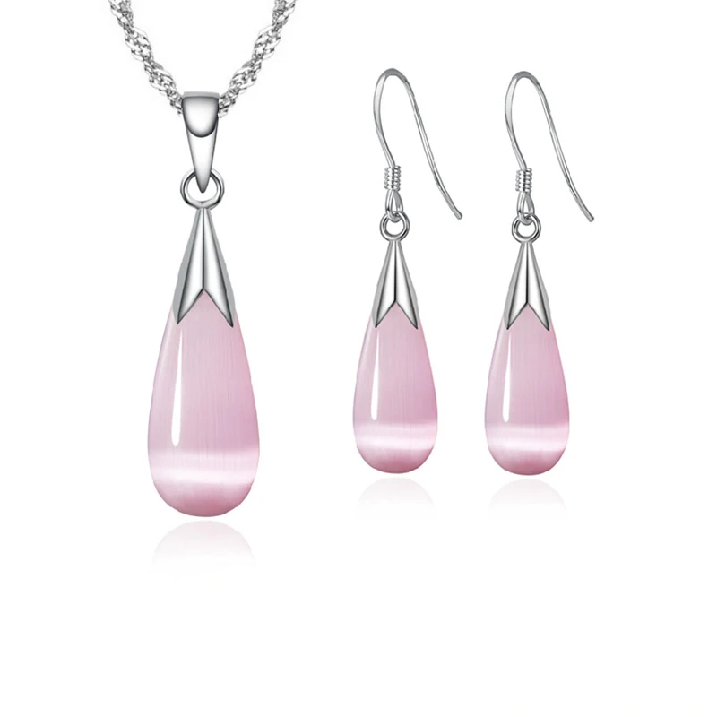 Pure Jewelry Set Simple 925 Sterling Silver Color White Pink Water Drop Opal Cat Eye Stone Pendant Necklace/Hook Earrings/Chain