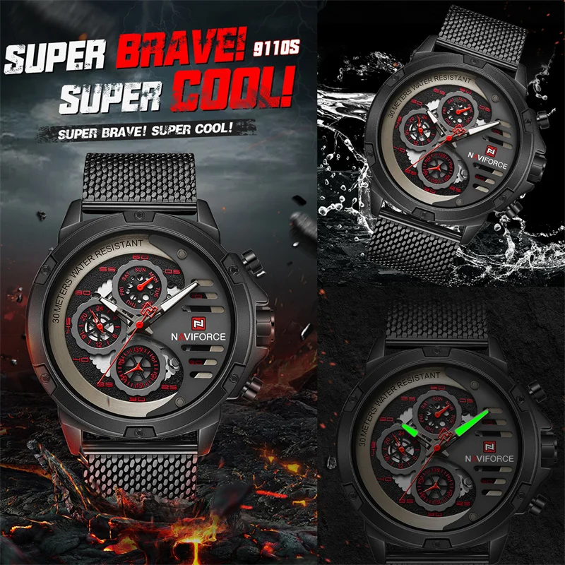 NAVIFORCE Sport Military Watches Mens Waterproof Steel Strap Mens Wrist Watch Casual Luminous Male Clock Relogios Masculino