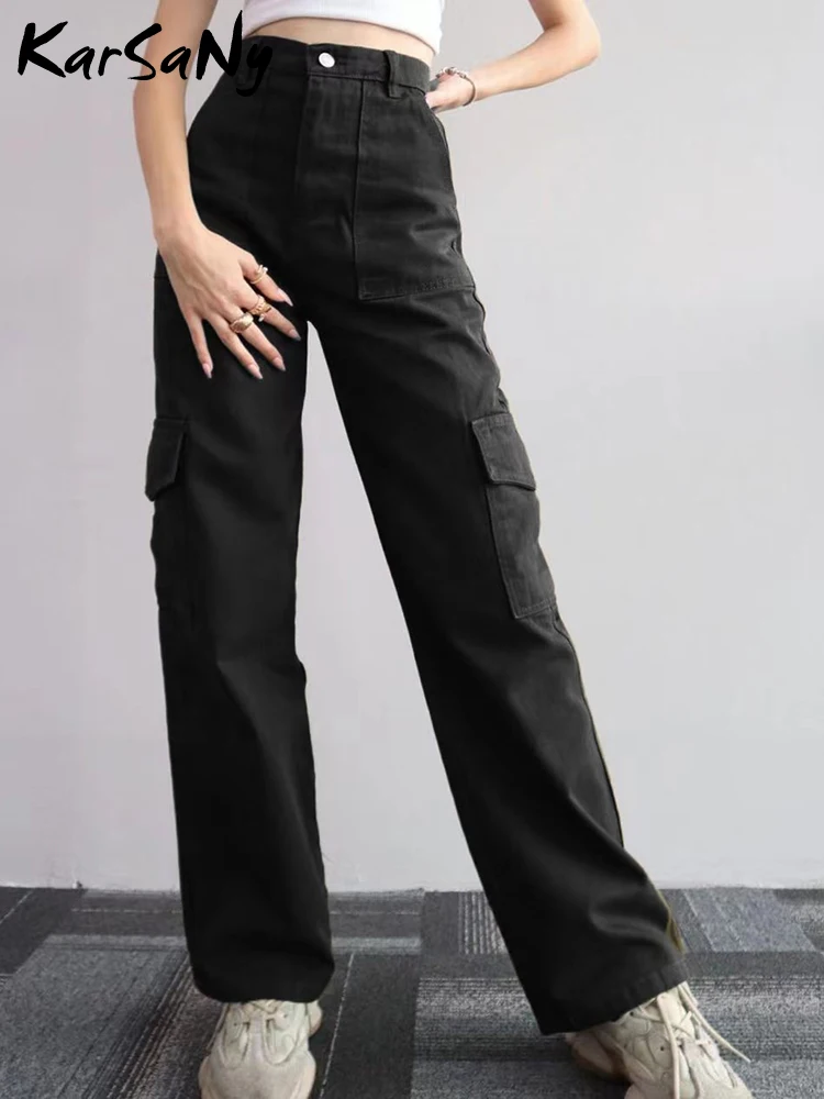 KarSaNy White Cargo Pants For Woman Casual Pockets Trousers Straight Apricot Wide Leg Sweatpants Women Cargo Pants Side Pocket