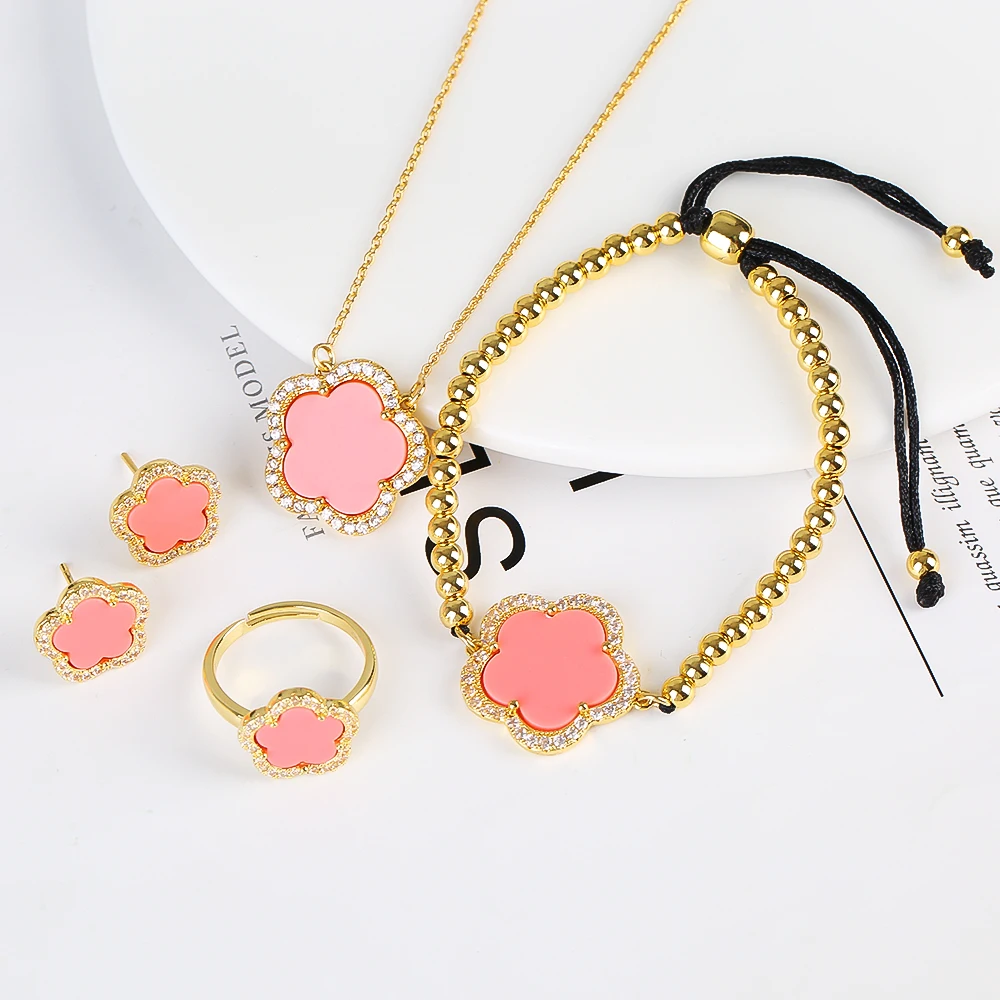 2023 Hot Selling Jewelry Set Natural White Shell Stone Plant Five-leaf Flower Pendant Necklace Earring Ring Jewelry Set