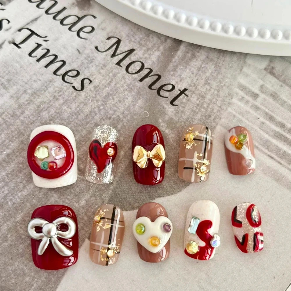 10 Handmade Pressing Nails Christmas Nails Cute 3D Snowman Short Square Limited Fake Nail n Art DIY Nail Set 241031