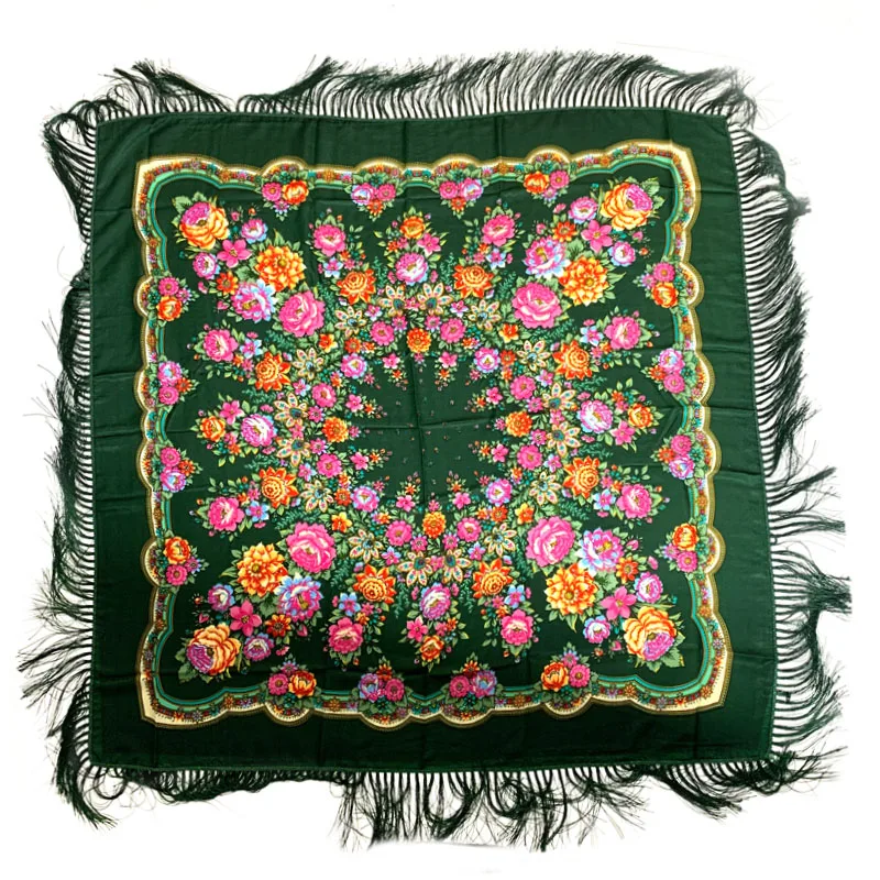 Russian Fringed Shawl Ukraine Babushka Square Bandana Head Scarf Female Hijab 2023 Women's Traditional Floral Printing Scarf