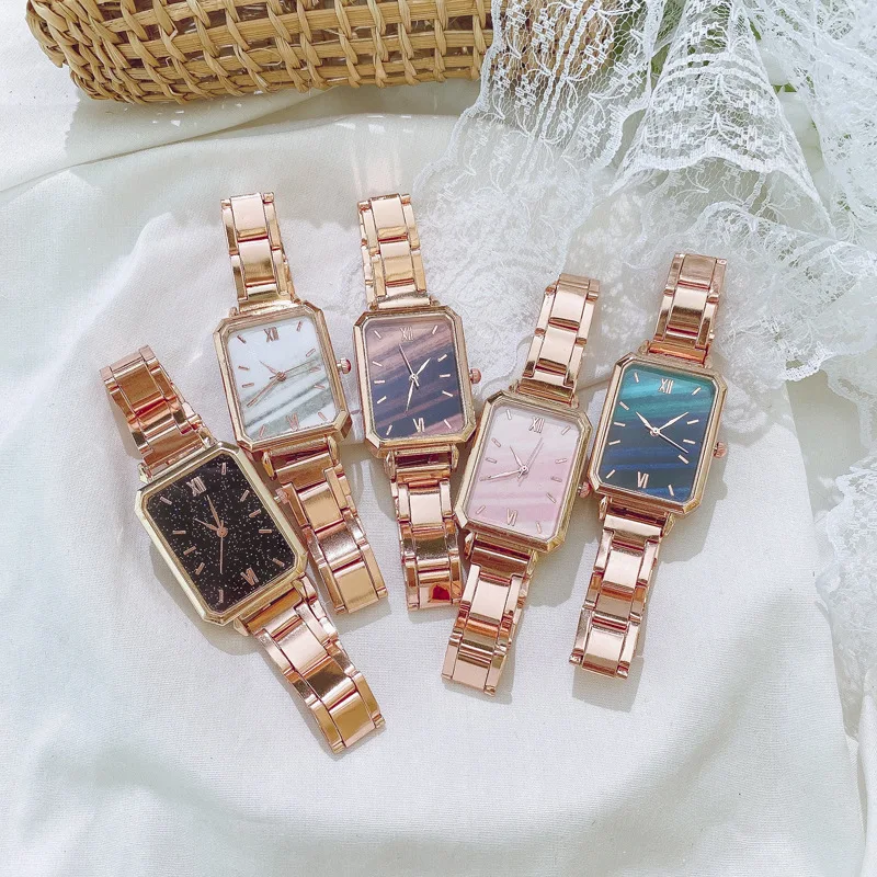 Light Luxury Small Green Watches Rose Gold Steel Band Watch Fashionable Minimalist Alloy Men's and Women's Quartz Wristwatches