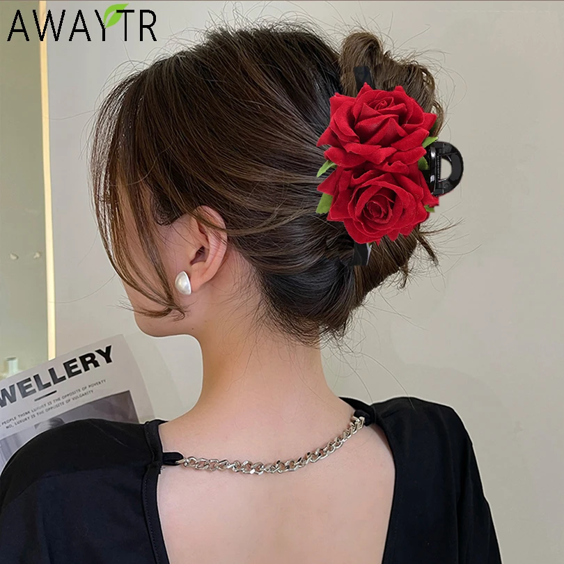 Spring Red Rose Flower Hair Claw Crab Clips Ponytail Hair Updo Hairpin Flowers Barrettes Hairgipper for Women Hair Accessories