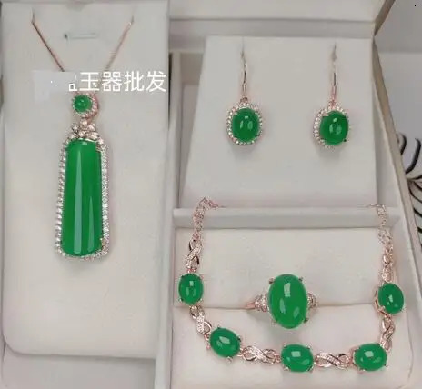 Silver natural stone green inlay jade agate jade necklace bracelet earring jewelry crystal zircon 241031