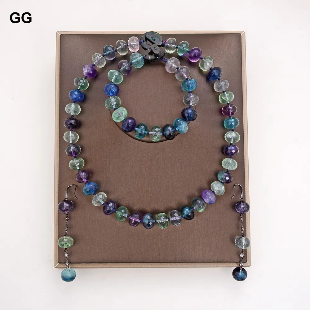 GG Natural Green Purple Facial Rondelle Fluorite Gemstone Necklace Bracelet Earring Set 241031