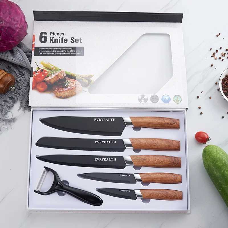 6-piece knife block set made of high carbon stainless steel with wooden pattern PP handle kitchen knife set X241102