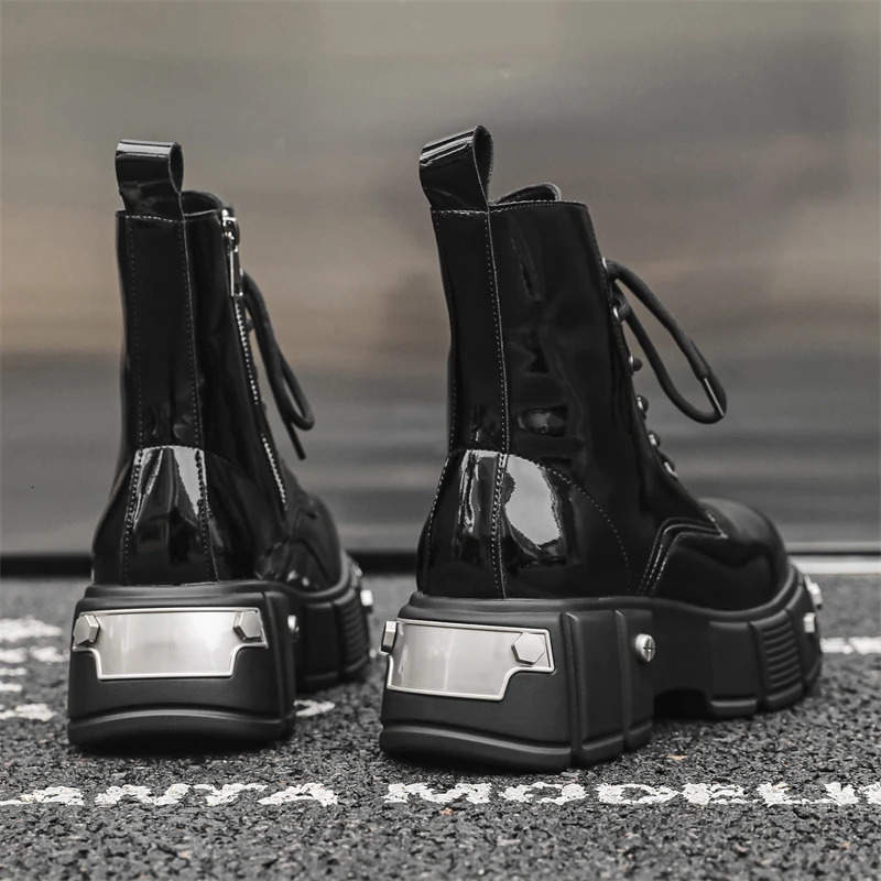 original high-quality street style black patent leather boots suitable for mens metal decorated high gain shoes 241031