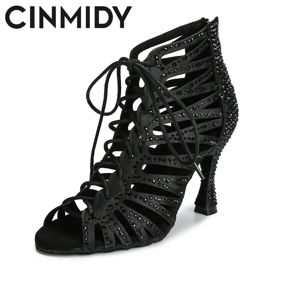 CINMIDY Black Dance Shoes For WomenT ango Salsa Latin Dance Shoes Cuban Heel Ballroom Dance Boots Red Party Shoes For Dancing